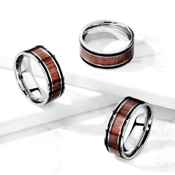 Wood Inlaid Center with Black Lines Stainless Steel Ring Size‎ 9 - Picture 2 of 2